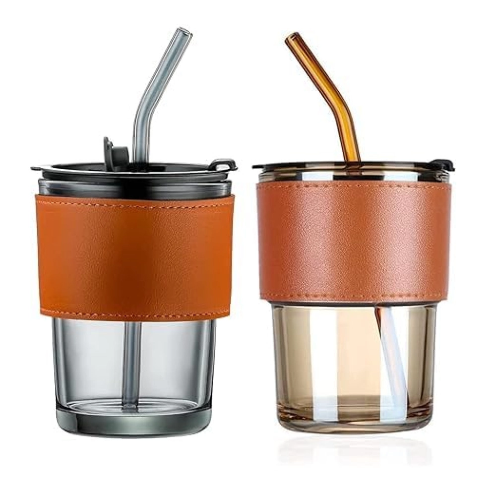 450ml Leather Grip Sipper Mug Straw Lid Leather Sleeve Leak-Proof Clear Reusable Glass Tumbler Cold & Hot Drink Beverage Water Juice at Home Bar Restaurant (Pack of 1)