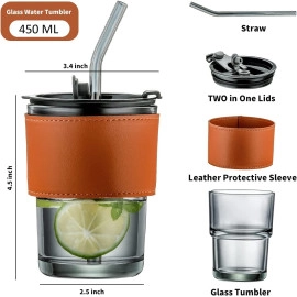 450ml Leather Grip Sipper Mug Straw Lid Leather Sleeve Leak-Proof Clear Reusable Glass Tumbler Cold & Hot Drink Beverage Water Juice at Home Bar Restaurant (Pack of 1)