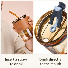 450ml Leather Grip Sipper Mug Straw Lid Leather Sleeve Leak-Proof Clear Reusable Glass Tumbler Cold & Hot Drink Beverage Water Juice at Home Bar Restaurant (Pack of 1)