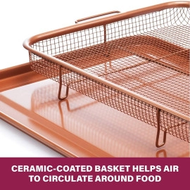 Nonstick Copper Crisper Tray and Basket for Baking and Crispy Foods Air Fry Crisper Basket Non Stick Grill Basket with Baking Pan for Kitchen