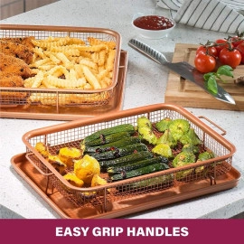 Nonstick Copper Crisper Tray and Basket for Baking and Crispy Foods Air Fry Crisper Basket Non Stick Grill Basket with Baking Pan for Kitchen