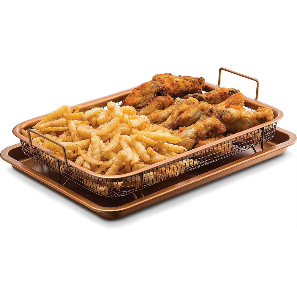 Nonstick Copper Crisper Tray and Basket for Baking and Crispy Foods Air Fry Crisper Basket Non Stick Grill Basket with Baking Pan for Kitchen