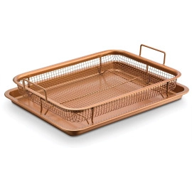 Nonstick Copper Crisper Tray and Basket for Baking and Crispy Foods Air Fry Crisper Basket Non Stick Grill Basket with Baking Pan for Kitchen