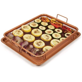 Nonstick Copper Crisper Tray and Basket for Baking and Crispy Foods Air Fry Crisper Basket Non Stick Grill Basket with Baking Pan for Kitchen