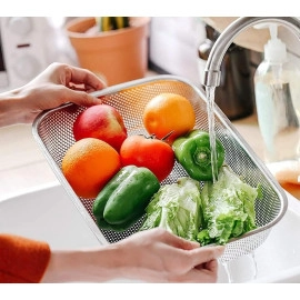 Drain Basket Steel Big Drip Tray Kitchen Drying Stand Mesh Sink Rectangle Basket Vegetable,Washer,Wash Rice Drain Veggies,Fruits,(30x20x6 cm, Pack of 1)