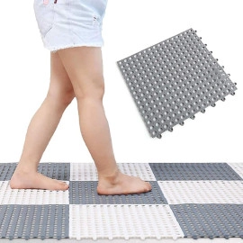 Soft PVC Bath Shower Floor Mat with Drainage Holes Interlocking Non Slip Drainage Floor Tiles for Bathroom, Kitchen, Pool, Wet Areas (White & Grey) 