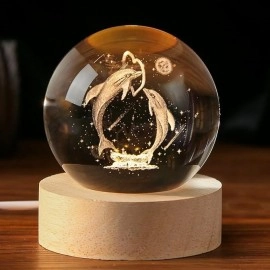 3D Dolphin Crystal Ball Night Light, LED Solar System Crystal Ball Night Light with Wooden Base, Dolphin Crystal Ball Lamp for Children, Friends Birthday Gifts, Novelty Home and Room Decor.