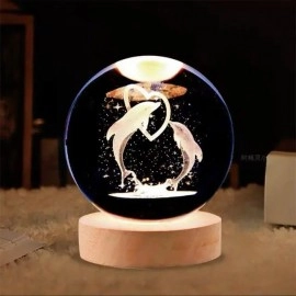 3D Dolphin Crystal Ball Night Light, LED Solar System Crystal Ball Night Light with Wooden Base, Dolphin Crystal Ball Lamp for Children, Friends Birthday Gifts, Novelty Home and Room Decor.