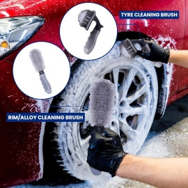 Rim Tyre Cleaner Brush Car Cleaning Brush for Rim Cleaning Liquid Nylon Bristles Car Microfiber Duster Tire Rubber Car Accessories – used with Tyre Puncture Kit and Microfiber Cloth (Pack of 2)