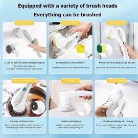 Plastic 5 in 1 Magic Brush Electric Magic Brush Multifunctional Magic Brush with 5 Brush Heads Charging Cord for Home, Kitchen Tiles, Carpet Sink Wash Basin Bath Shower Pack of 1