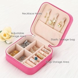 Jewellery Organiser Box, Jewellery Box For Women,Portable Travel Jewellery Organiser Pouch, Small Jewellery Box Organiser For Ring, Pendant, Earring, Necklace, Bracelet (Pink, Faux Leather)