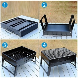 Barbecue Grills - Foldable Charcoal Barbeque Grill With 10 Skewers, 2 Spatula & 1 Air Blower | Outdoor bbq grill tools for Camping Hiking Picnics Traveling - Stellar Black