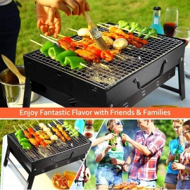 Barbecue Grills - Foldable Charcoal Barbeque Grill With 10 Skewers, 2 Spatula & 1 Air Blower | Outdoor bbq grill tools for Camping Hiking Picnics Traveling - Stellar Black