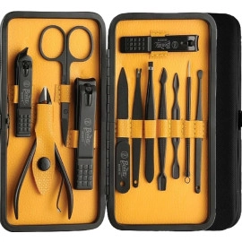 Essentials Manicure Set Nail Clippers, Stainless Steel Nail Scissors Grooming Kit, Acne needle, Blackhead Tool Leather Travel Case (Yellow)