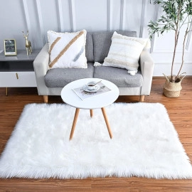 Faux Fur Runner Hard Backing Rug, Fluffy Sheepskin Rug for Bedroom Living Room Floor Cushion Home Decor Bedside Runner/Mat (60x90 cm - Mat, White)