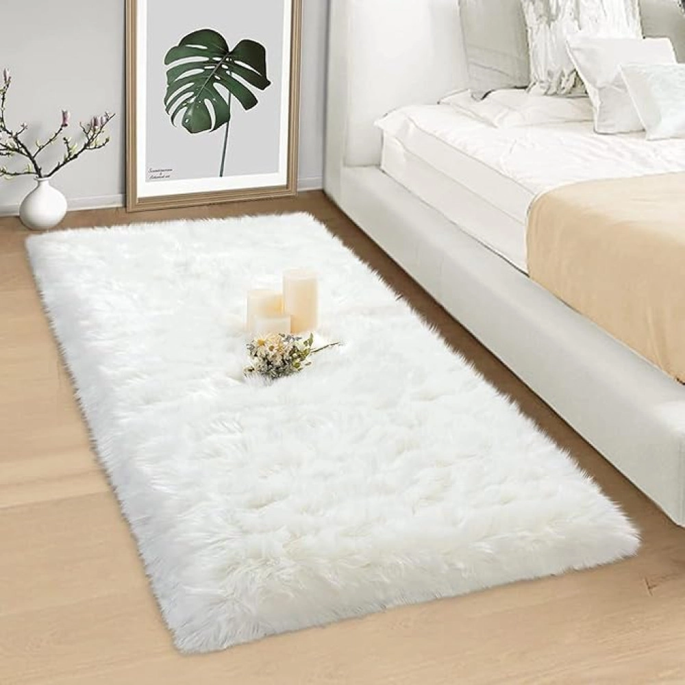 Faux Fur Runner Hard Backing Rug, Fluffy Sheepskin Rug for Bedroom Living Room Floor Cushion Home Decor Bedside Runner/Mat (60x90 cm - Mat, White)