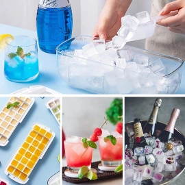 Ice Cube Tray,Whiskey Ice Ball Mold, Ice Cube Tray Large Capacity Eco-Friendly Plastic All-Purpose Ice Cube Trays with Ice Box Container Shovel kit for Home Yellow Single Layer