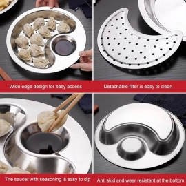 Stainless Steel Double Layer Dumpling Plate with Sauce Tray for Dinner & Lunch Use Dish Kitchen Tool & Accessories Dish Drainer Set (Pack of 1)