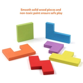 Wooden Tetris Puzzle Brain Teasers Toy Tangram Jigsaw Intelligence Puzzle Colorful 3D Russian Blocks Game Educational Gift Baby Kids (40 Pcs)