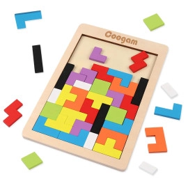 Wooden Tetris Puzzle Brain Teasers Toy Tangram Jigsaw Intelligence Puzzle Colorful 3D Russian Blocks Game Educational Gift Baby Kids (40 Pcs)