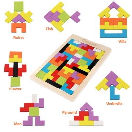 Wooden Tetris Puzzle Brain Teasers Toy Tangram Jigsaw Intelligence Puzzle Colorful 3D Russian Blocks Game Educational Gift Baby Kids (40 Pcs)