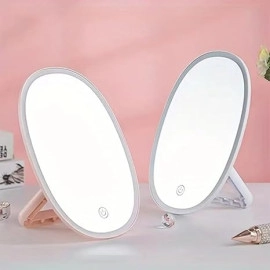 Desktop LED Oval Makeup Mirror | Portable Monochromatic Vanity Mirror with Adjustable Lighting | Rechargable with USB Type-C Connector (Pack of 1)