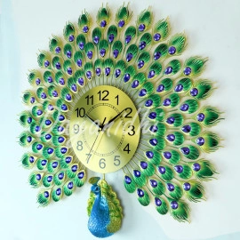 Luxury Metal Peacock Design Wall Clock | Non Ticking Decorative Clock | Modern Silent Clock for Living Room | Crystal Diamond Mute Wall Clock | Attractive Analog Clock (Analog)