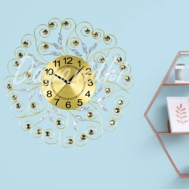 Wall Clock with Crystal Diamond Design | Modern 3D Silver Leaf Analog Clock | Silent Non-Ticking Wall Clock Quartz Decoration Clock for Living Room Bedroom (Gold 1 Pcs)