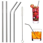 Reusable BPA-Free Metal, Thick, Long, Dishwasher Safe Stainless Steel Drinking Straws, 8.5 Inches (2 Bent + 2 Straight +1 Brush)