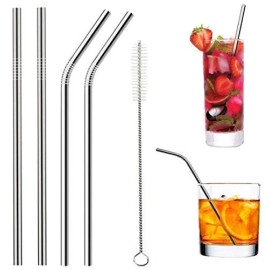 Reusable BPA-Free Metal, Thick, Long, Dishwasher Safe Stainless Steel Drinking Straws, 8.5 Inches (2 Bent + 2 Straight +1 Brush)