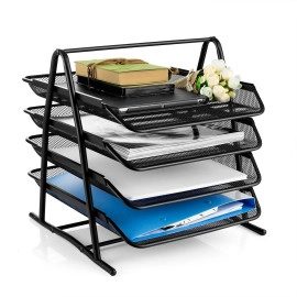 Metal Mesh 4 Tier Document Tray | Document Organizer for Office | File Rack Holder for Office and Home (Black)