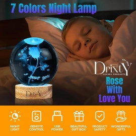 3D Galaxy16 Color Rose Crystal Ball Night Light Creative Engraved Aesthetic Ball Dim Night Lamp, USB Powered Bed Table Lamp LED Wooden Base for Home Decoration, Birthday, Gifts (with Remote)