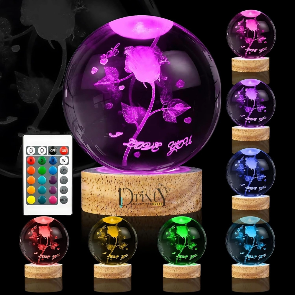 3D Galaxy16 Color Rose Crystal Ball Night Light Creative Engraved Aesthetic Ball Dim Night Lamp, USB Powered Bed Table Lamp LED Wooden Base for Home Decoration, Birthday, Gifts (with Remote)