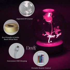 3D Galaxy16 Color Rose Crystal Ball Night Light Creative Engraved Aesthetic Ball Dim Night Lamp, USB Powered Bed Table Lamp LED Wooden Base for Home Decoration, Birthday, Gifts (with Remote)