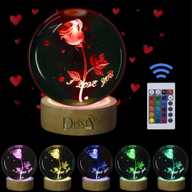 3D Galaxy16 Color Rose Crystal Ball Night Light Creative Engraved Aesthetic Ball Dim Night Lamp, USB Powered Bed Table Lamp LED Wooden Base for Home Decoration, Birthday, Gifts (with Remote)