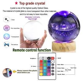 3D Galaxy16 Color Rose Crystal Ball Night Light Creative Engraved Aesthetic Ball Dim Night Lamp, USB Powered Bed Table Lamp LED Wooden Base for Home Decoration, Birthday, Gifts (with Remote)