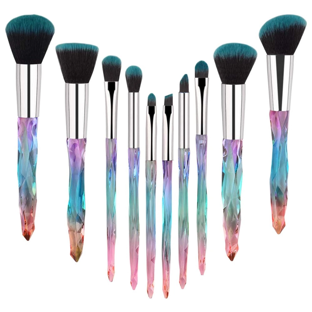 Makeup Brushes Crystal Handle,10pcs Colorful Professional Diamond Cosmetic Brush Set for Kabuki Concealer Face Powder Eye Shadow Highlight Blue Unicorn Brush Kit for Make-up