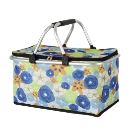 Flower Print Picnic Fruit Basket | Collapsible Outdoor Lunch Tote Bag | Printed Square Shopping Bag with Metal Frame & Zip | Perfect for Camping & Travel(Multi-Color,1Pcs)