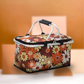 Flower Print Picnic Fruit Basket | Collapsible Outdoor Lunch Tote Bag | Printed Square Shopping Bag with Metal Frame & Zip | Perfect for Camping & Travel(Multi-Color,1Pcs)