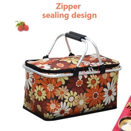 Flower Print Picnic Fruit Basket | Collapsible Outdoor Lunch Tote Bag | Printed Square Shopping Bag with Metal Frame & Zip | Perfect for Camping & Travel(Multi-Color,1Pcs)