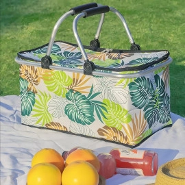 Flower Print Picnic Fruit Basket | Collapsible Outdoor Lunch Tote Bag | Printed Square Shopping Bag with Metal Frame & Zip | Perfect for Camping & Travel(Multi-Color,1Pcs)