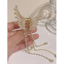 Korean Style Pearl Metal Hair Clutcher | Golden Butterfly Design with Tussle | Hair Claw Clip Hair Accessories for Women Girls Butterfly Hair Clips (1-Pcs)