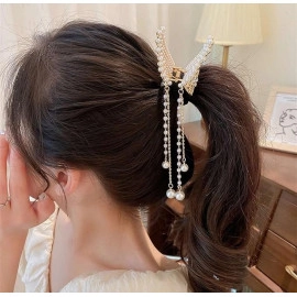 Korean Style Pearl Metal Hair Clutcher | Golden Butterfly Design with Tussle | Hair Claw Clip Hair Accessories for Women Girls Butterfly Hair Clips (1-Pcs)