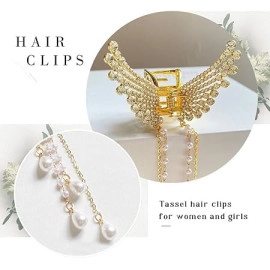 Korean Style Pearl Metal Hair Clutcher | Golden Butterfly Design with Tussle | Hair Claw Clip Hair Accessories for Women Girls Butterfly Hair Clips (1-Pcs)