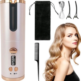 Cordless Automatic Hair Curler for Mid to Long Hair Length | Rotating Ceramic Ionic Curling Iron with Adjustable Temperature, USB Charging, Dual Voltage & Auto Off