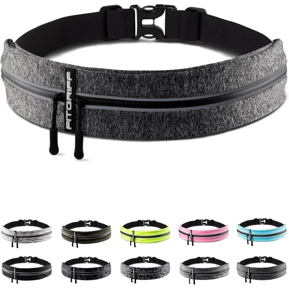 Slim Running Belt with 2 Expandable Side Pockets, Reflective Grey Fanny Pack for Men & Women - Securely Stores Phones, Wallets, Headphones 1 Pcs