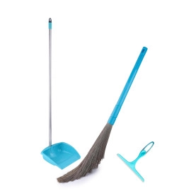 Dustpan Broom Set with Kitchen Wiper 3 in 1 Combo Standing Dust Pans with Stainless Steel Long Handle N Stand Up Head No-Dust Broom Dustpan & Jhadu for Home Kitchen Office Floor Cleaning mop