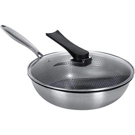 32 cm Frying Pan, Non Stick Fry Pan with Glass Lid, Frypan Double Sided Honeycomb Stainless Steel Wok, Three-Layer Steel