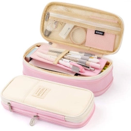 Large Pencil Case Stationery Items for Girls and Boys, Canvas Bags Pen Pencil Pouch for School College and Office, Organize Makeup Cosmetic, Aesthetic Cute Stationary Box for Daily Use (Pink)