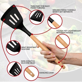 Non Stick Silicone Spatula Utensil Set for Kitchen Spoon Cookware Tool Set, 11Pcs (Black)